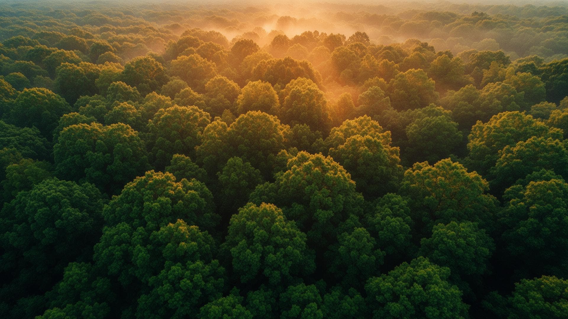 Aerial view of a vast forest canopy at golden hour